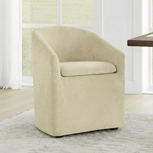 Image of KISLOT Upholstered Dining Chairs Set of 1 with Casters, Modern Side Barrel Armchair with Washable Slipcover & Sturdy Metal Frame for Diningroom Bedroom Livingroom Reading Room, Sand Fabric
