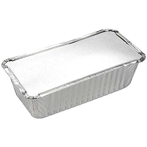Image of Juvale 50 Pack Aluminum Foil 2 lb Disposable Loaf Pans With Lids for Baking Bread, Heating, Storing Food (32oz, 8.5 x 4.5 In)