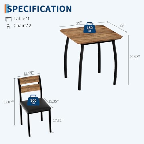 GarveeHome Dining Table Set for 2, Farmhouse 3 Piece Kitchen Table and Chair Set with Upholstered Chair, Metal Frame Dining Room Table and Chairs for Small Space, Apartment, Black+Retro