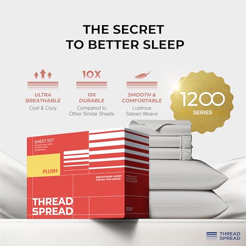 Image of THREAD SPREAD 100% Egyptian Cotton Sheets Queen Size - 1200 Series Plush Collection Damask Sheet Set Egyptian Cotton (4 PC, Silver Grey Stripe), Sateen Luxury Sheet Queen Size, 17 inch Deep Pocket