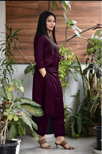 Image of Women's Jam Cotton Silk Co-ord Kurta Set With Pants | Ethnic Wear Solid Lightweight Straight Kurta With Pant