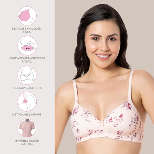 Image of Amante Women's Printed Padded Non-Wired Full Coverage T-Shirt Bra | Seamless Smooth Cups | Everyday Comfort Bra | Soft Microfiber Fabric | Adjustable Straps