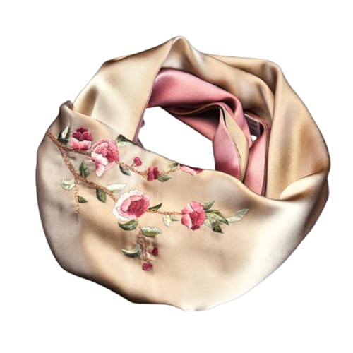Écharpe florale brodée main soie de mûrier marron 1003 L, foulard luxe femme long et chaud