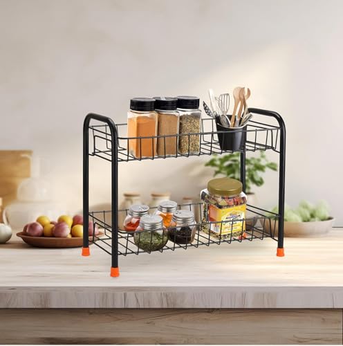 Image of Zepdos Metal 2 Tier Kitchen Storage Rack | Counter Organizer Shelf, Spice Rack for Kitchen, Utensil Stand | Rust Resistant Heavy Duty Wire Basket Rack | Countertop Rack Organizer (Black)