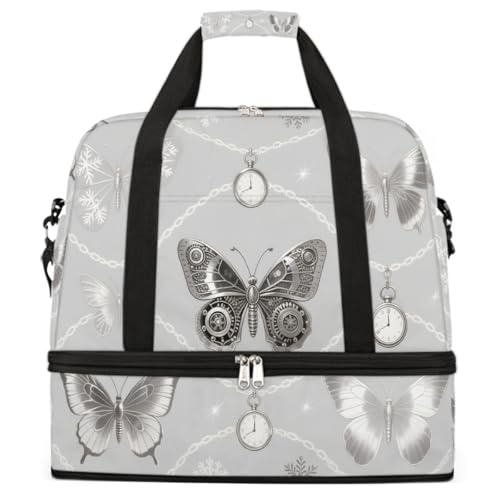 Sports Gym Bag Ethnic Style Tiling Butterfly Large Travel Duffel Bag With Shoe Compartment Foldable Waterproof Carry-On Weekend Travel Bags for Camping Overnight Yoga Hospital Travel Bags