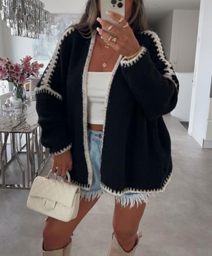 Image of chouyatou Women Fall Open Front Color Block Cardigan Sweater Casual Striped Chunky Knit Oversized Cardigan