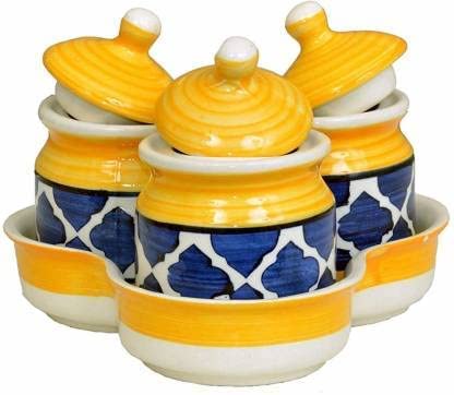 Kreative Homes Ceramic Jars with Lid and Holding Tray Multipurpose Barni for Chutney, Pickle jar Storage Container, Dining Table Container Set (Pack of 3, Multi-color) (Yellow)