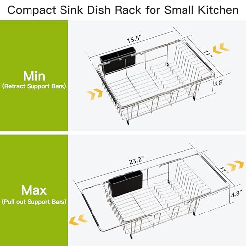 Image of JASIWAY Dish Drying Rack in Sink, Dish Drainer with Cup and Utensil Holder | Over The Sink Expandable Stainless Steel Strainer Dryer Rack for Small Kitchen, Counter Space Saving, Fast Drain, Rustproof