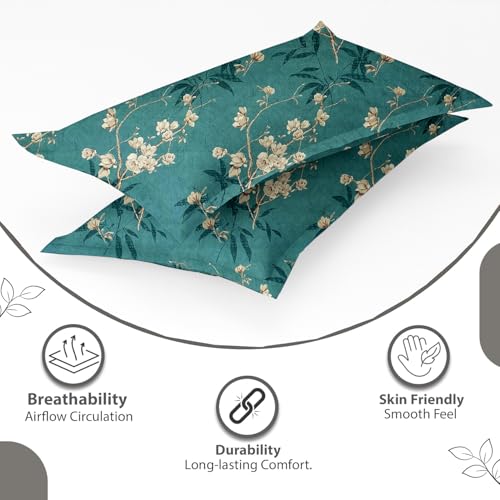 Image of IVAZA 240 TC Soft Ezyption Cotton Floral Print King Size Bedsheet - with 2 Pillow Covers, Hypoallergenic, Brethable, (Size- 90 x 90 Inch) | Light Green