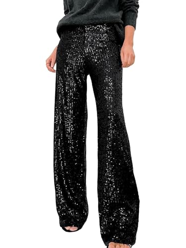 Fiacafyo Damenhose mit Pailletten, ausgestellt, glitzernd, hohe Taille, weites Bein, glänzend, Glockenunterteil, Party, Clubwear, A-schwarz, M