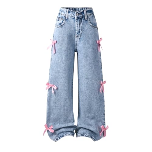 Girls Wide Leg Jeans Trendy Baggy Bow Embroidery High Waisted Stretchy Sweatpant Denim Pants Cute Tween Streetwear2