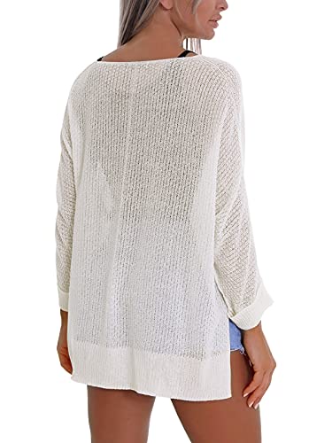 Light Sweaters For Women Summer V Neck Loose Crochet Knit Top Beach (Off White, L/Xl) #TOP3