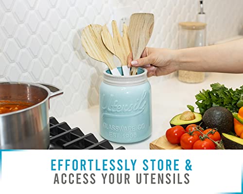 Comfify Wide Mouth Mason Jar Utensil Holder Decorative Kitchenware Organizer Crock, Chip Resistant Ceramic, Dishwasher Safe - Kitchen Caddy Aqua Blue For Countertop, Large Size 7" High #TOP2