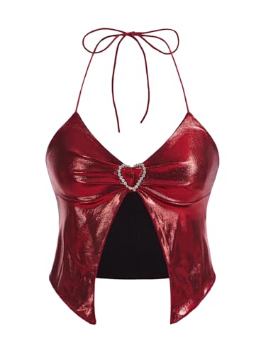 Verdusa Women's Y2K Tops Heart Rhinestone Backless Ruched Cami Asymmetrical Split Crop Halter Top Red L