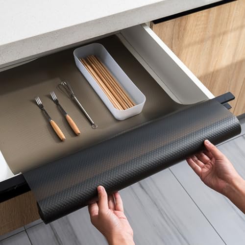 Alfombrilla para cajones de color negro, 45 x 500 cm, antideslizante para cocina y cajones, impermeable, se puede cortar para estantes, frigoríficos, armarios, base antideslizante no adhesiva (negro)
