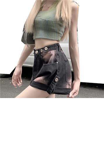 Short en denim délavé jambes larges amples rétro femme à boutons