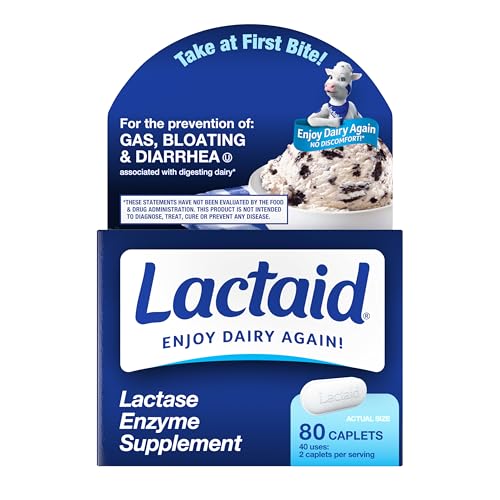 Image of Lactaid Lactase Enzyme Supplement 80ct Caplet + Lactase Enzyme 4500, Dairy Digestive Supplement to Help Prevent Gas, Bloating & Diarrhea Due to Lactose Sensitivity, 80 ct
