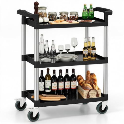 TANGZON 3-Tier Service Cart, Aluminium & PP, 150 kg, 80 x 41 x 97 cm, Black & Silver