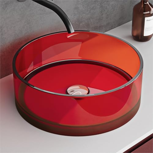 doporro Vasque à Poser Ronde Petit Lave Mains Lavabo Circulaire 40x40x14cm Rouge en Résine Transparente Salle de Bain WC Invités Coloria01