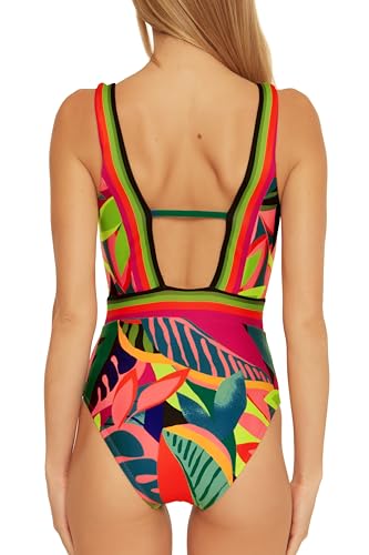 Trina Turk Women's Rainforest High Leg One Piece Swimsuit, Plunge V-Neck, Tropical Print, Bathing Suits2