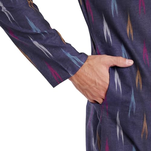 Image of SKAVIJ Men's Pure Cotton Printed Kurta Pajama Set Ikat Design Casual Ethnic Dress