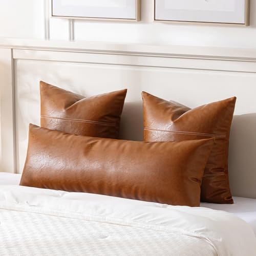 Image of Fancy Homi Brown Boho Long Lumbar Faux Leather Body Decorative Throw Pillow Cover 14x36 Inch for Bedroom Couch Bed Bench, Thick Stylish Solid Rectangle Pillowcase, Rustic Modern Farmhouse Room Decor
