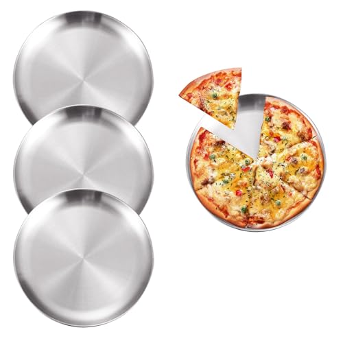 CheeseandU - CheeseandU 4Pcs Pizza Pans 9 Inch Pizza Tray Oven Pizza Crisper Pan Round Baking Tray Round Pizza Plate Crisper Pan for Oven Kitchen Baking Home Restaurant Safe Sturdy Reusable Easy Clean (Silver)