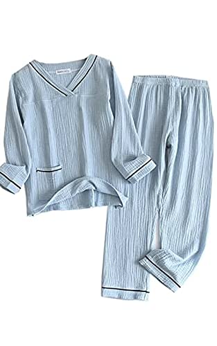 ゆめパジャマ ダブルガーゼパジャマ キッズ ルームウェア子供 コットン 春夏 秋冬 Vネック長袖 綿100 通気性 マシュマロ 綿 寝間着 敏感肌 男の子 女の子 兄弟 姉妹 お揃い プレゼント… (110p, ライトブルー)