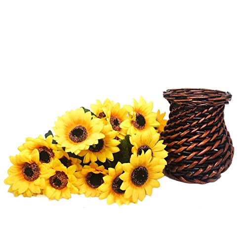 Velener Artificial Silk Sunflower With Rattan Vase Daisy Arrangement, 6 Bunches, 42 Flowers & Stems, Sunflower Bouquet, Handmade Willow, Fake Flowers In Vase For Home Decor #TOP2