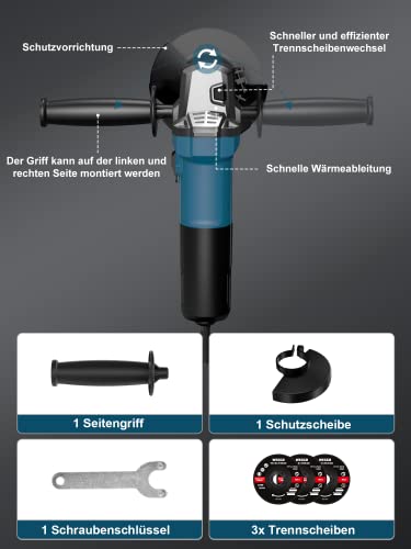 Foto von WESCO Winkelschleifer,750W professional Trennschleifer mit 3x Scheiben-Ø: 115 mm für schleifen, 11000min-1 mit Zusatzhandgriff und Schutzhaube, ideal zum Schleifen und Schneiden, Geschenk für Männer
