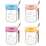 Hikrxya 4 Pack Overnight Oats Containers with Lids and Spoons, 16oz/480ml Glass Overnight Oats Jars Breakfast Pots Meal Prep Jar Leak Proof Oatmeal Container for Yogurt Milk Cereal Fruit Salad