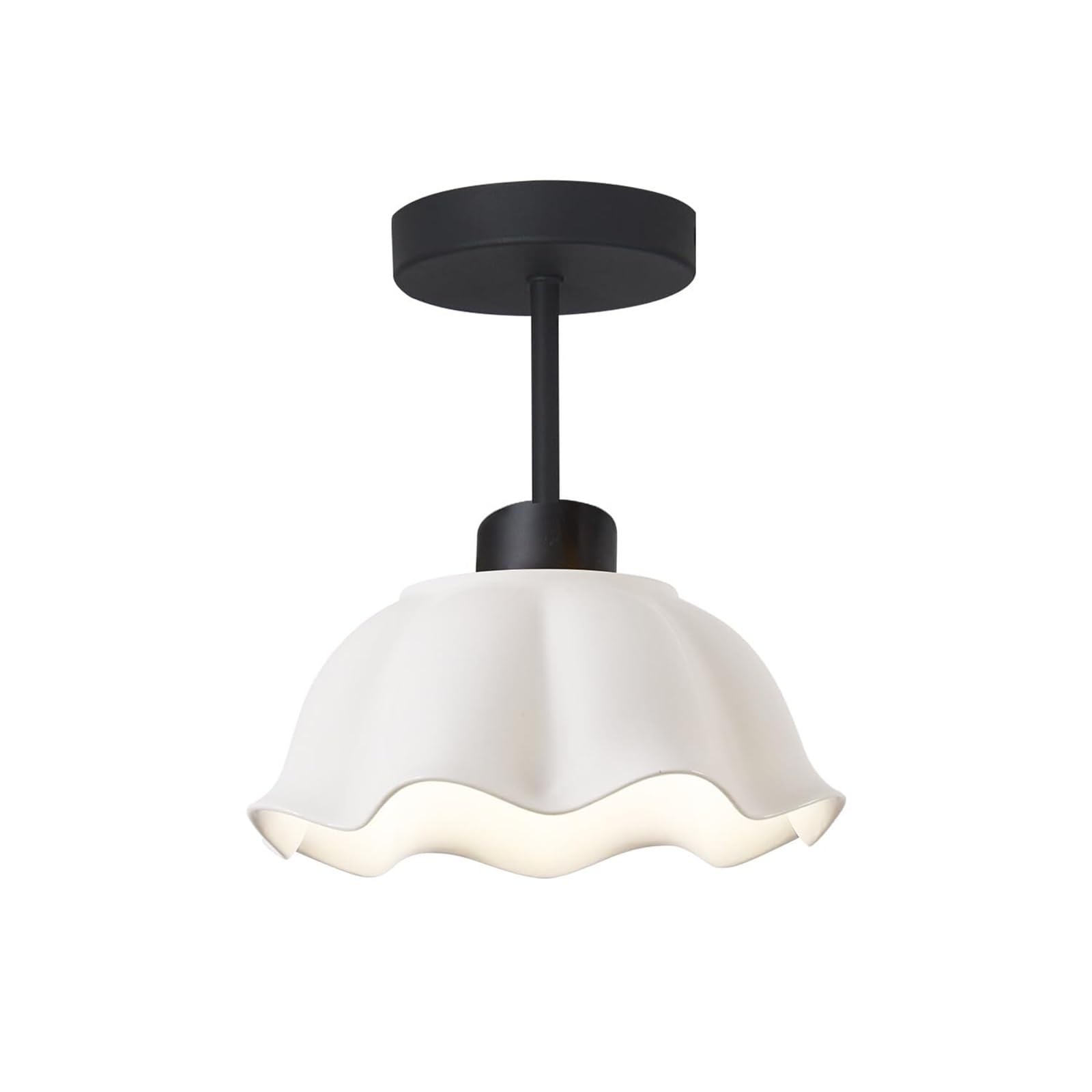 KHUKHU White Glass Semi Flush Mount Light - Matte Black Ceiling Fixture - Vintage Close to Ceiling Light - Small Milk Ceramic Hallway & Porch Schoolhouse Flower Lamp