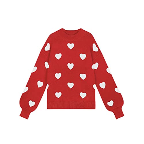 Image of Cute Sweaters for Women Girls Lovely Heart Printed Loose Casual Oversized Sweaters Crewneck Long Sleeve Pullover Knit Top