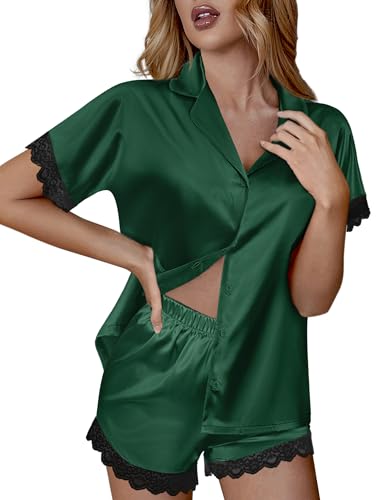 Image of Ekouaer Womens Satin Pajama Set Lace Trim Button Down Pj Shorts Set Bridesmaids Getting Ready Outfits Bridal Party Gifts, Bright Green, X-Large