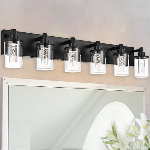 Image of Integrated LED Modern Bathroom Light Fixtures Over Mirror, 6 Light Bathroom Vanity Light Black Dimmable Vanity Lights with Crystal Bubble Glass ?Built-in LED Bulbs Included?
