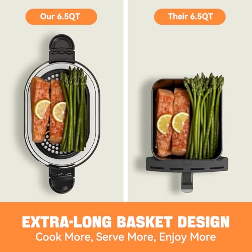 KAITOL 6.5QT Visible Glass Air Fryer, 8-in-1 Long Tray Design with 360° Viewing Window, Digital Touchscreen, Fries, Cake, Defrost, Chicken Wings, Dishwasher Safe, Oil-Less Oven