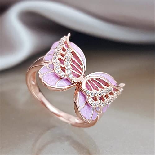 18K Rose Gold Plated Shiny Pink Butterfly Ring Sparkling Crystal Bow-Knot Enamel Ring Wedding Jewelry Cute Animal Ring for Women F056 (8)2