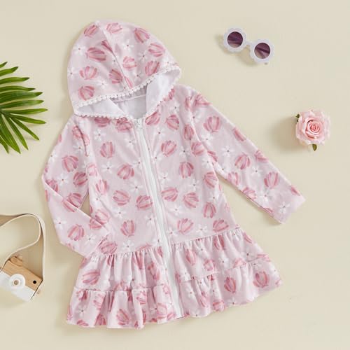 Image of Nicoxijia Kids Toddler Little Girl Swim Cover Up Terry Zip-Up Hooded Beach Bathing Suit Swimsuit Wraps Zipper Coverup Dress
