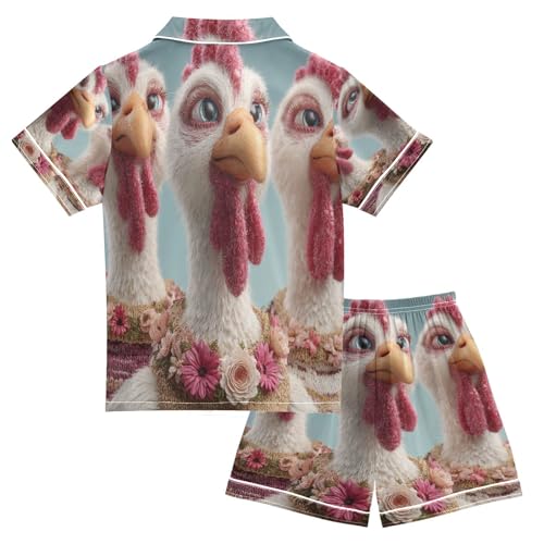 Satin Pajama Sets Short Sleeve Thanksgiving Turkey Floral Button Down Silky Nightwear 2 Piece PJS 5-14Y2