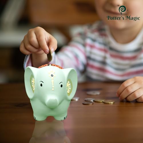 Image of Potter's Magic Ceramic Hand Painted Elephant Piggy Bank with Lock | Modern Lucky Money Bank | Piggy Bank for Womens | Mitti Ka Gullak | kiddy Bank for Boys & Girls (Without Glaze)