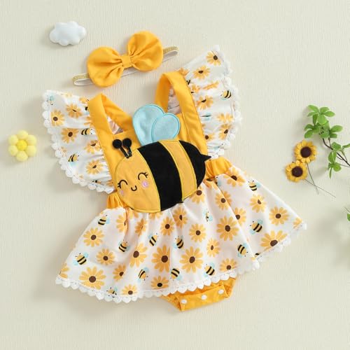 GINEVSAL Baby Girl Romper Dress Bee/Ladybug Print Skirt Hem Fly Sleeve Bodysuit with Cute Headband Newborn Animal Clothes (Yellow, 3-6 Months)