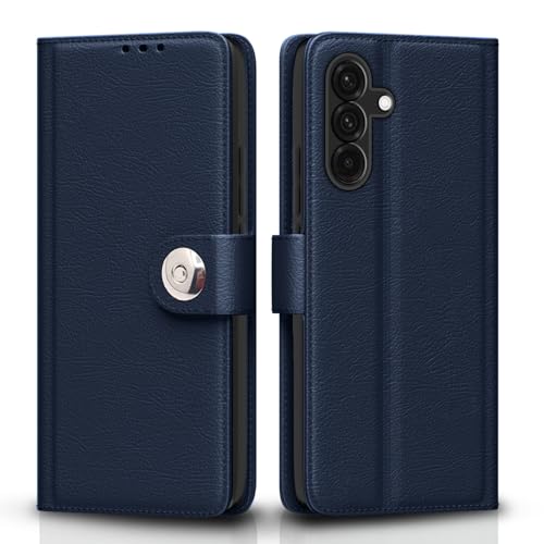 Image of Pikkme Flip Cover Leather Finish | Inside TPU with Card Pockets | Wallet Stand and Shock Proof | Complete Protection Button Flip Case for Samsung Galaxy A56 5G(Blue)