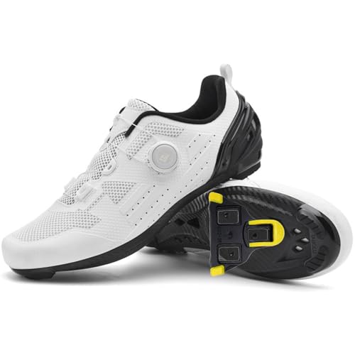 PENXZT Zapatilla de Ciclismo Hombre Mujer, Zapatillas de Carretera Compatibles con SPD-SL Lock System Zapatos Bicicleta Estatica Spinning Montaña,Blanca,40 EU