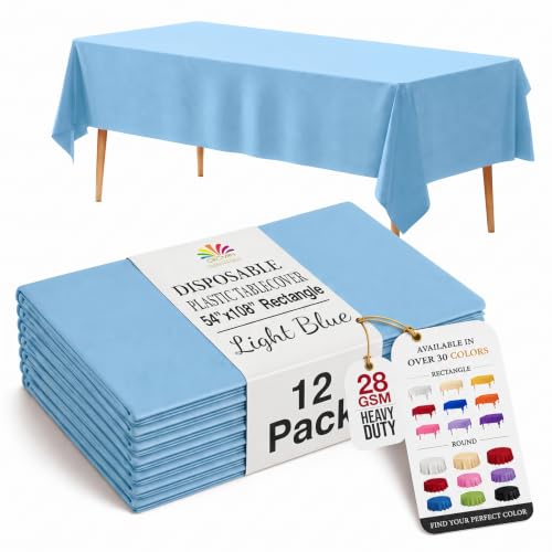 Exquisite Light Blue Plastic Table Cloth Disposable 12 Pack, 54 x 108