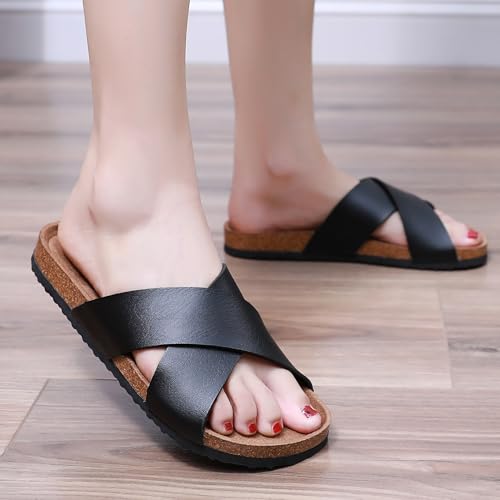 Image of Sandals Women Wide Width, Cork Footbed Arch Support Summer Beach Slide Sandals, Adjustable Strap for Wide Feet