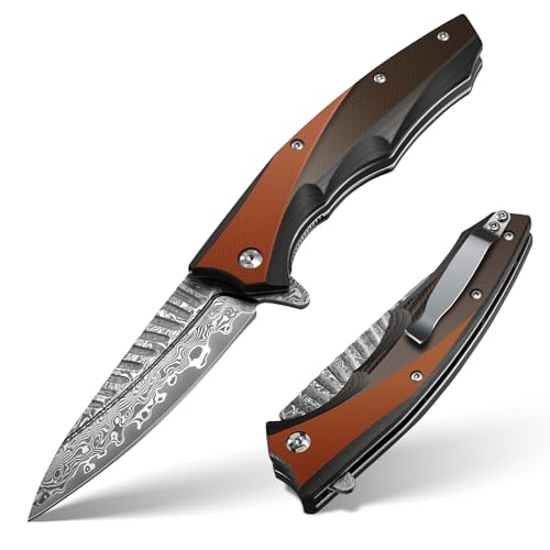Japaknives Taschenmesser Klappmesser Damast VG10 Damaststahl Survival Messer Damastmesser mit G10 Griff 8,5 cm Outdoor Messer für Jagd,Camping, Trekking Idee Als Geschenk und Sammlung