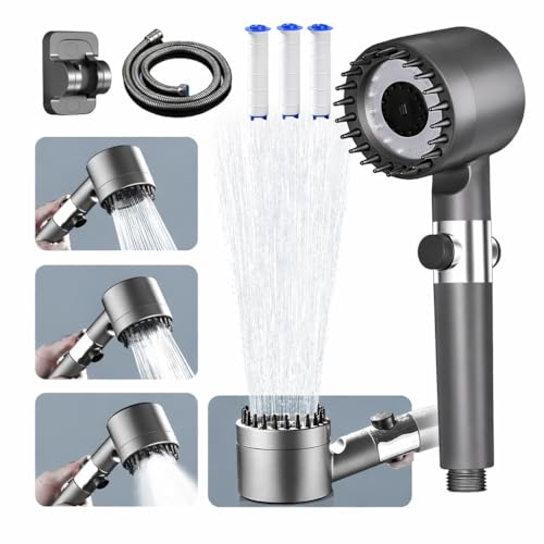 Pommeau de Duche Haute Pression, Pommeau de Douche Anti Calcaire avec 3+1 Modes de Jet,Pomme Duche Economie Deau avec Tuyau Douche 1.5M et Support, Salle de Bain Réglable Bouton D'arrêt D'eau,Gris