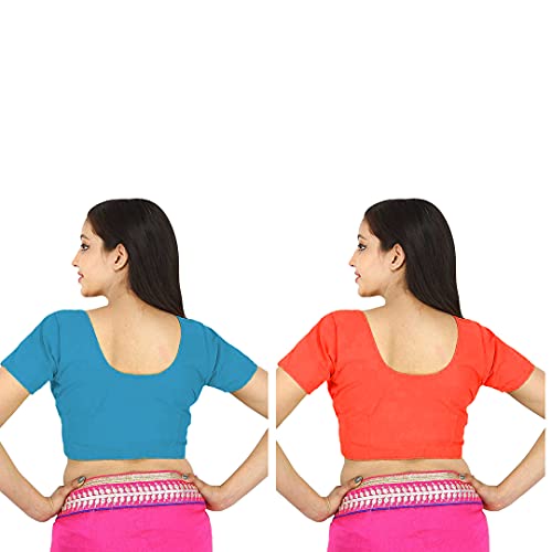 Image of Namita Women's Rubia Cotton Half Sleeve Readymade Regular Fit Blouse (U-Cot-Com-2-Cyan-Orange-40 Cyan, Orange 40)