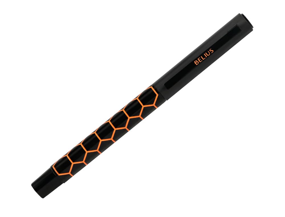 BELIUS Legacy Aluminium Hexagon Design Pen Orange Black Body Blue Ink Design Box