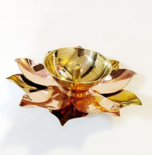 Brass & Copper Kamal Patti Lotus Flower Shape Metal Akand Diya Puja Jyoti Oil Lamp for Traditional Indian Festive Diwali Deepawali Pooja Small Bowl Crystal Dia Home Temple Decoration Gift Items